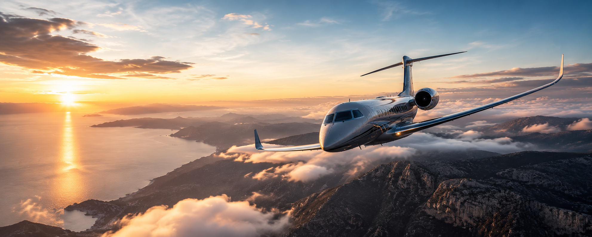 Private jet cruising above the Mediterranean coast at sunrise