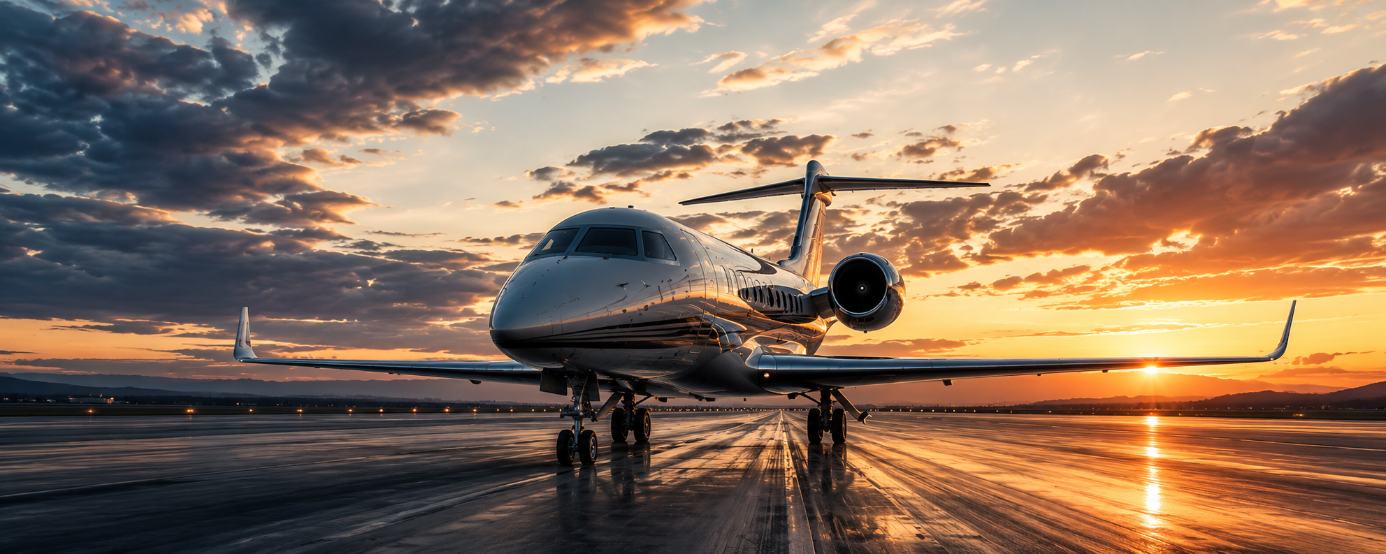Private jet on runway at sunset — live empty leg deals worldwide