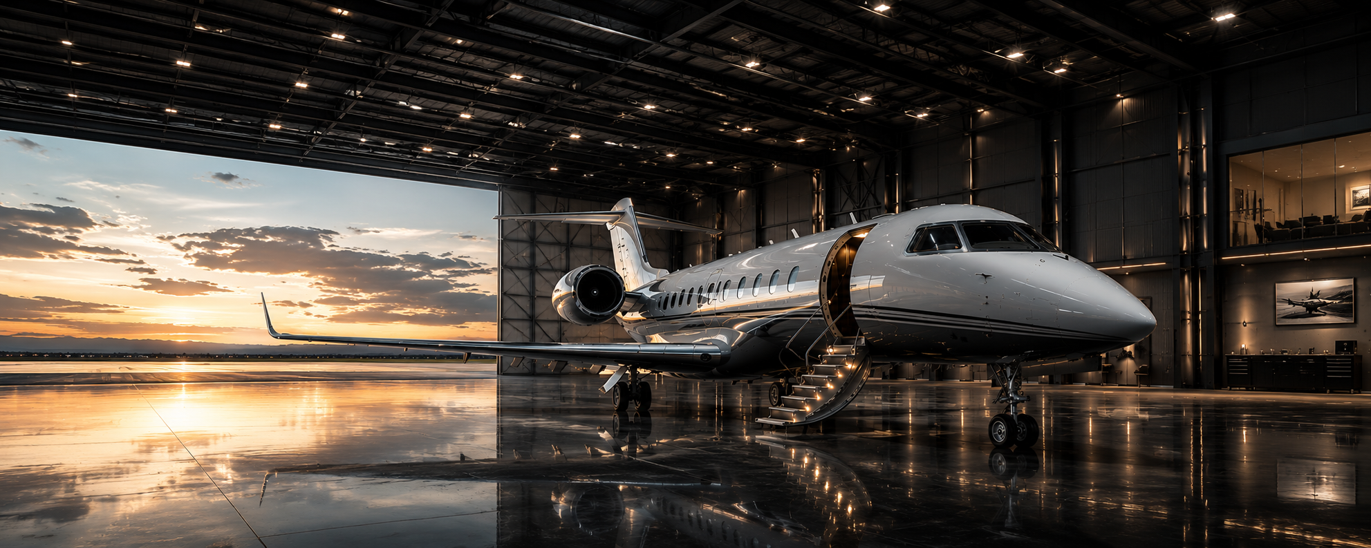 Private jet inside a premium hangar at sunset