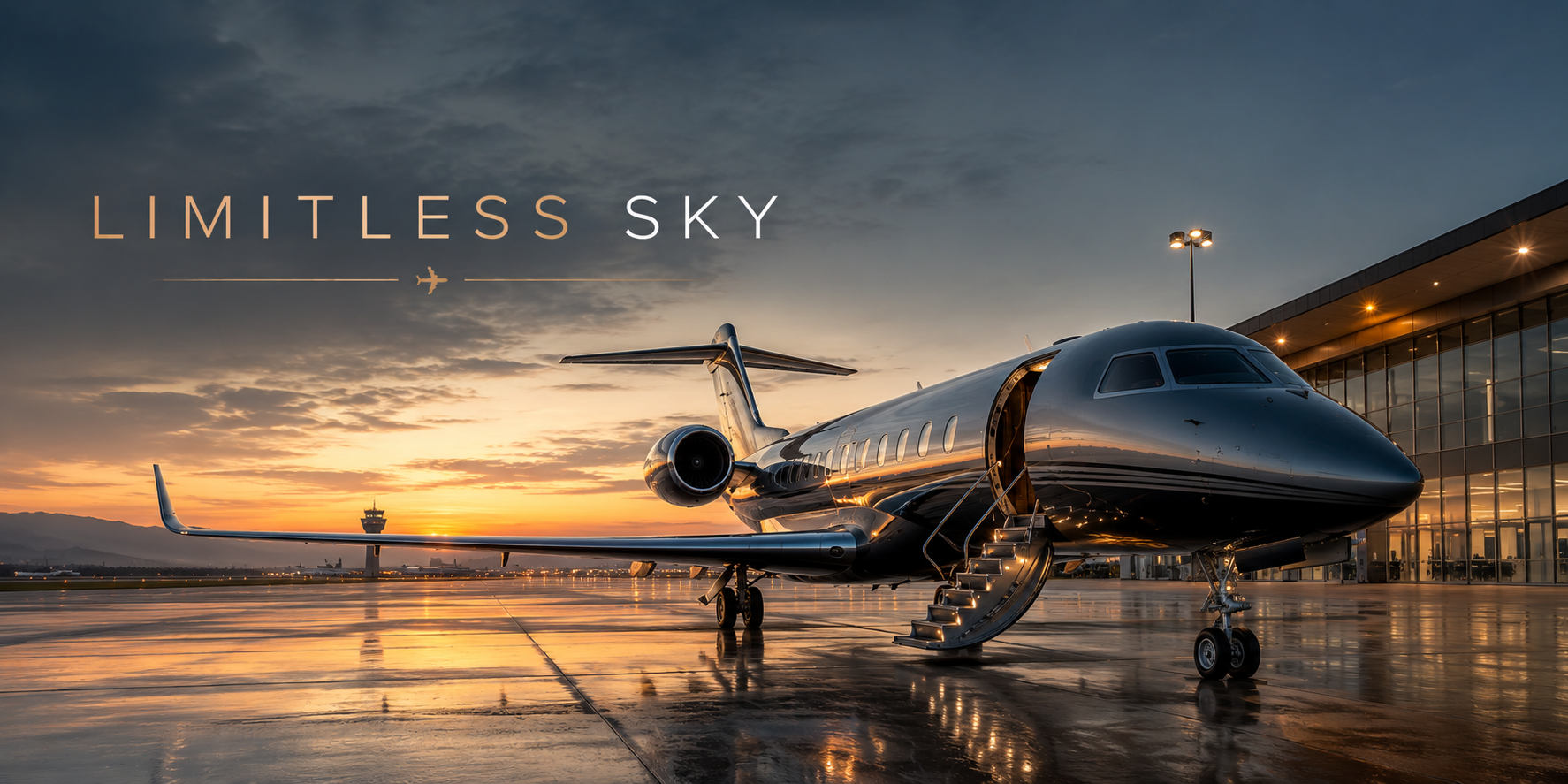 Private jet on the ramp at sunset