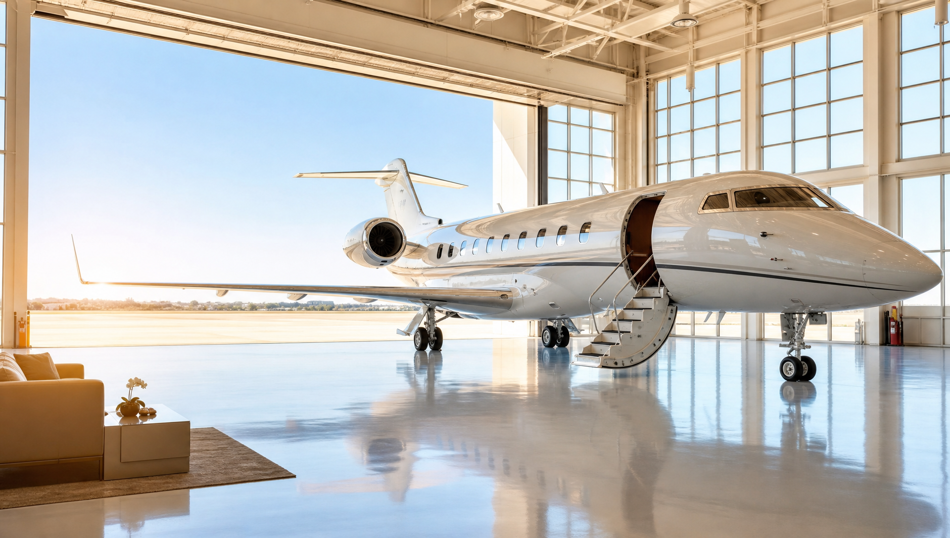 Private jet inside a hangar with runway visible at sunset