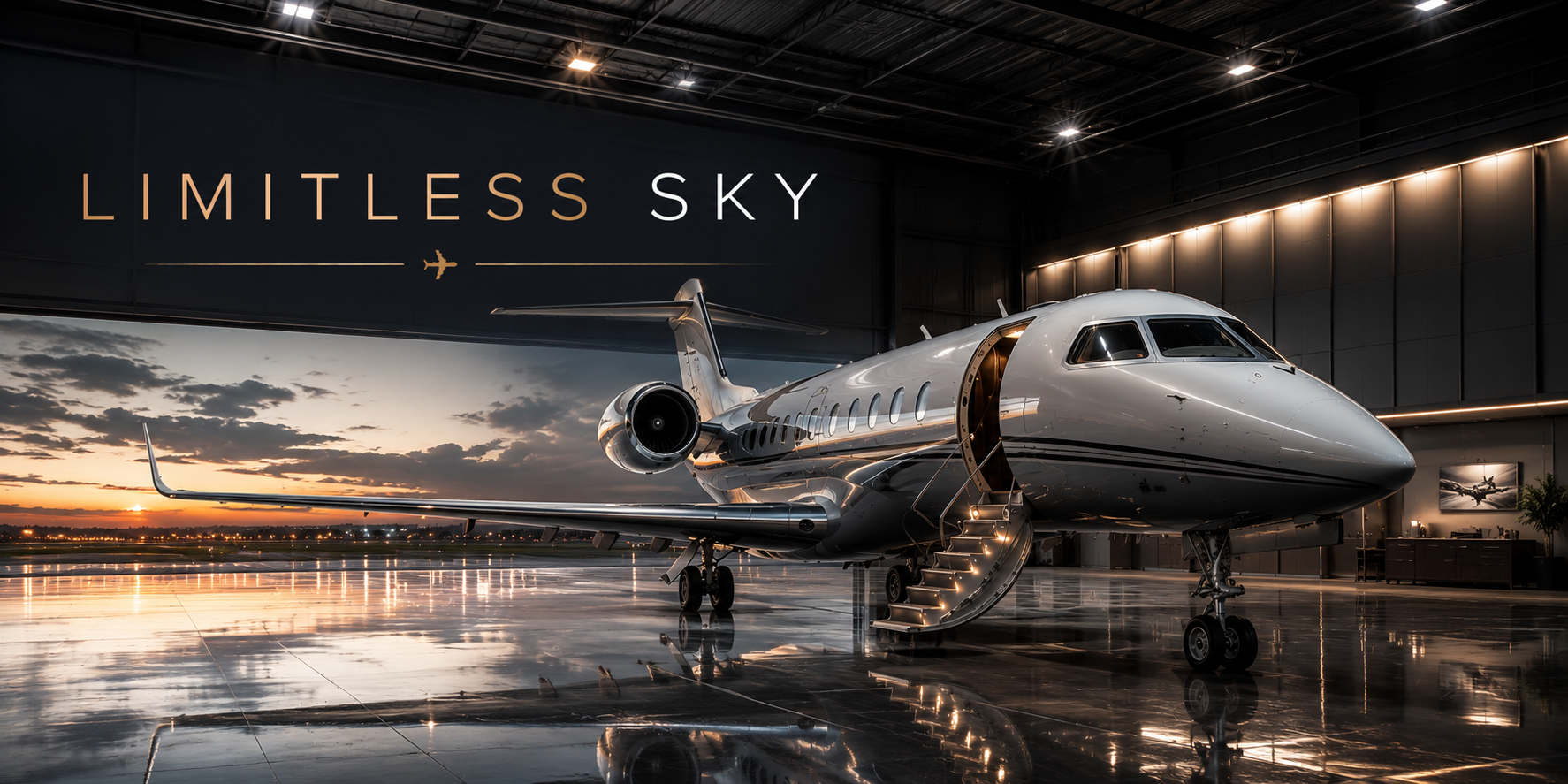 Private jet inside a Limitless Sky hangar at dusk