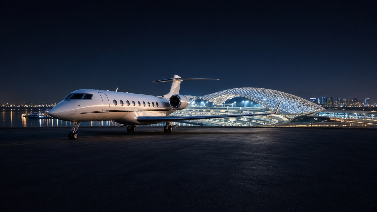 Private jet on the apron at night, with the Yas Marina Circuit floodlights beyond