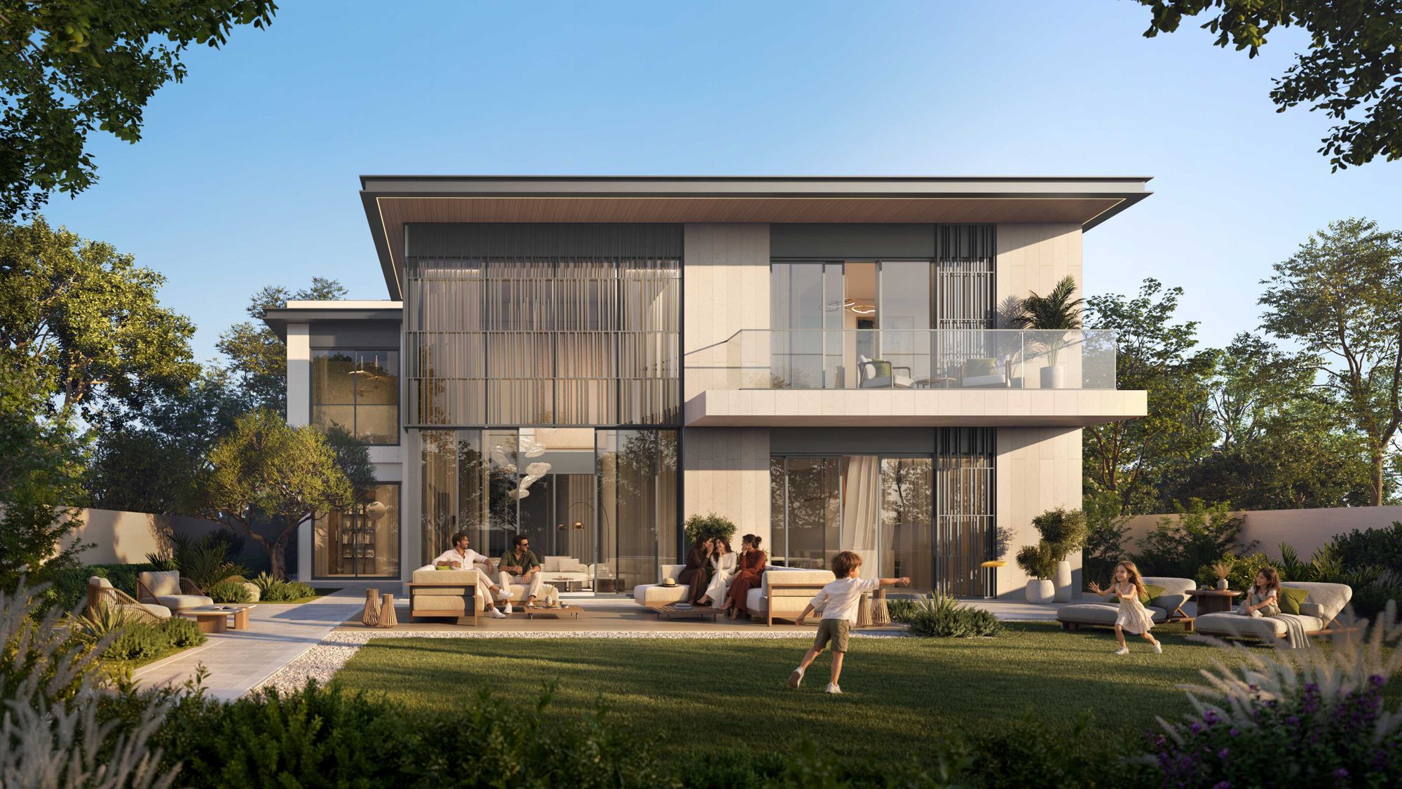 Developer rendering of a Talay Beach bedroom with a wood-framed bed, sheer curtains and a view to a balcony
