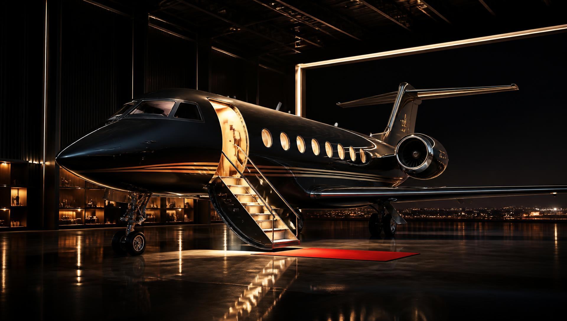 Private jet in a hangar with airstairs down, ready for boarding