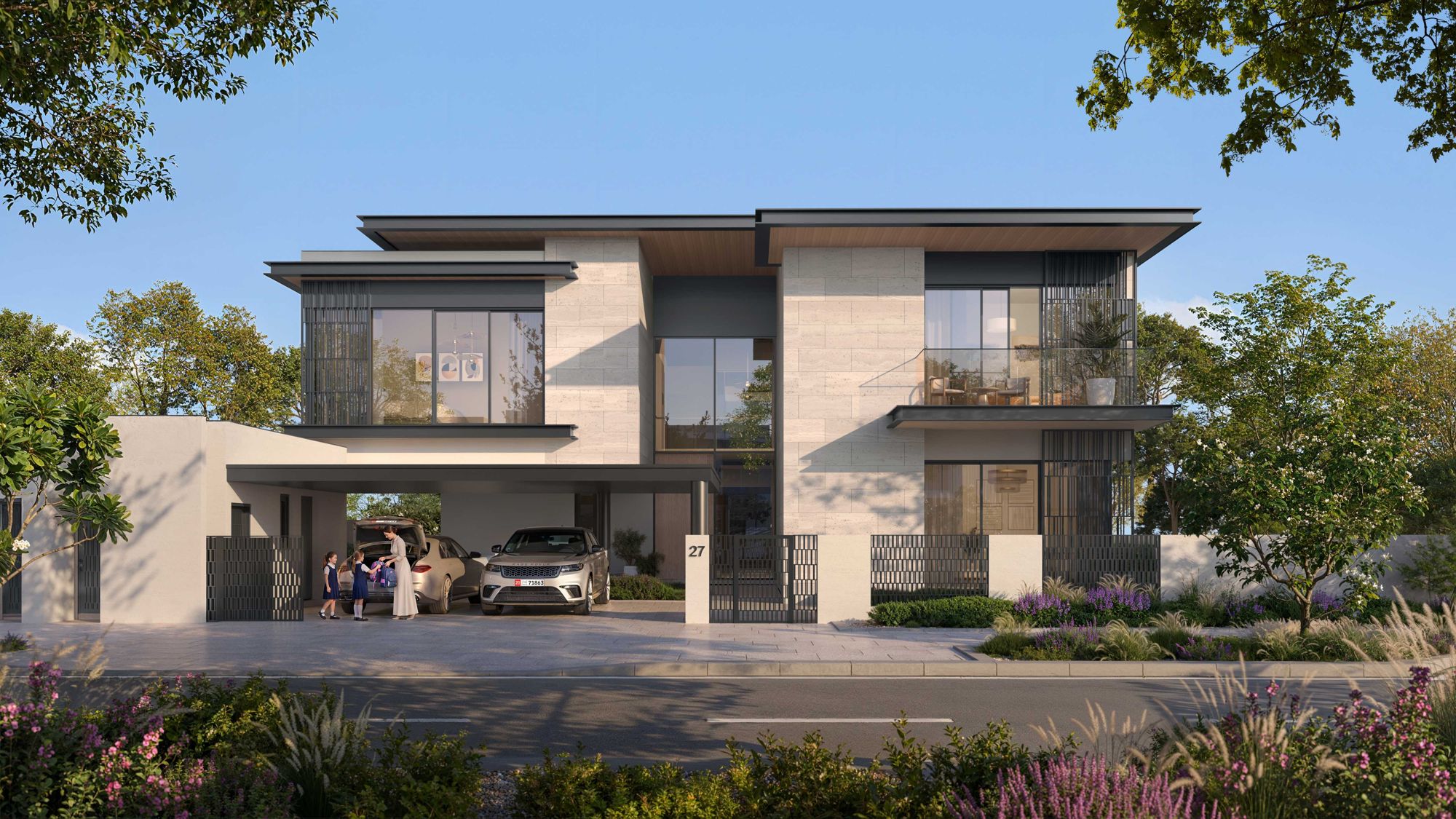 Developer rendering of the Talay Beach community pool and a smaller children's pool, set in landscaped grounds