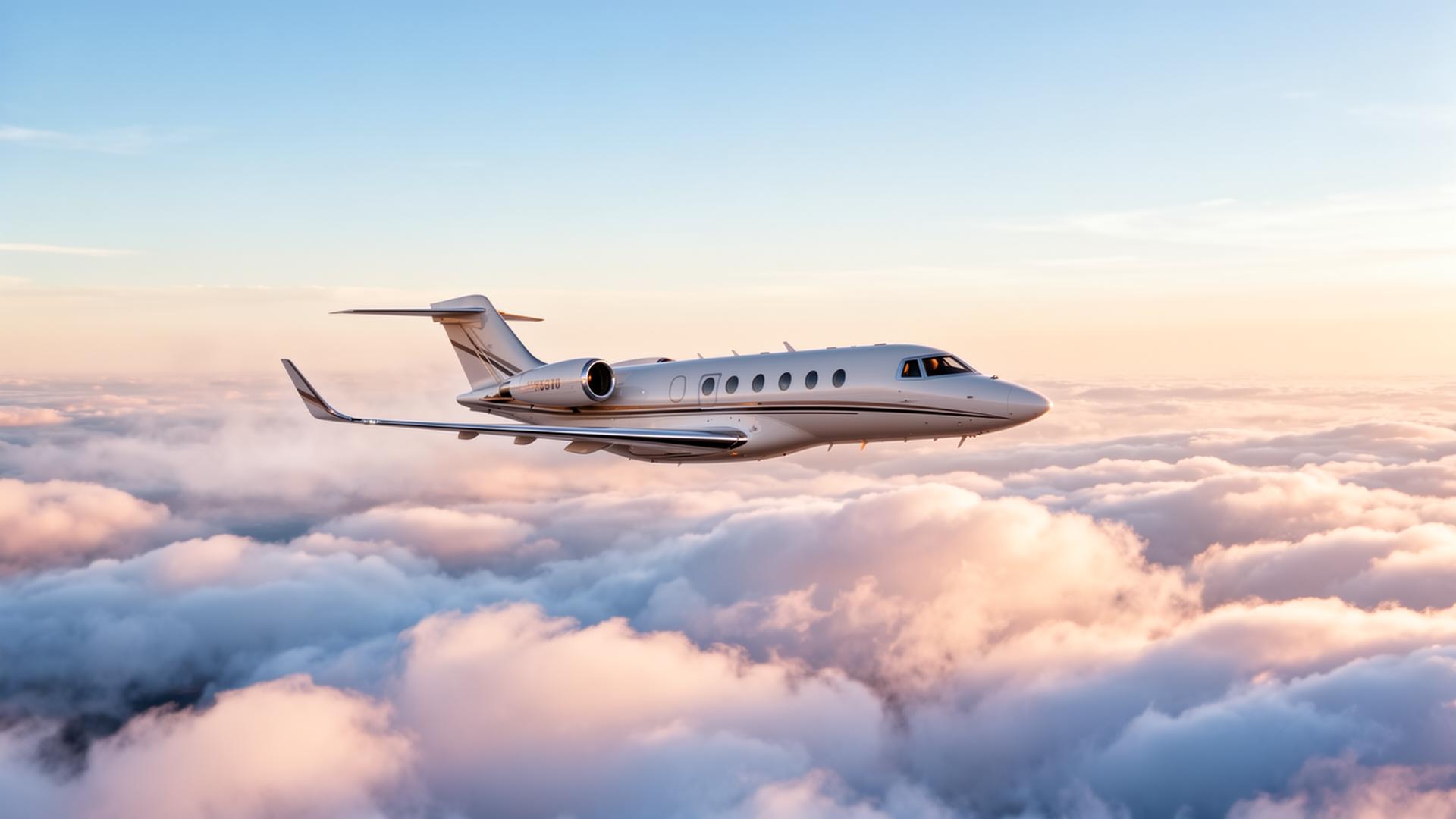 Private jet flying above the clouds at golden hour