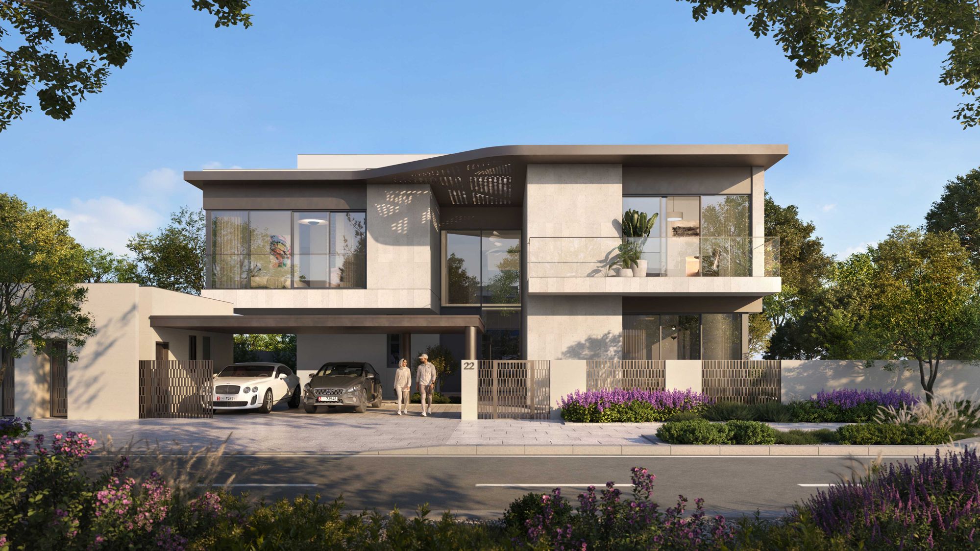 Developer rendering of a Talay Beach villa courtyard in daylight, with a pool, timber pergola and planting