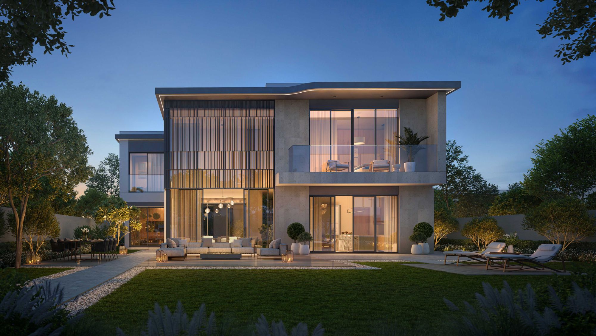 Developer rendering of a Talay Beach villa courtyard at dusk, with a pool, timber pergola and warm interior light