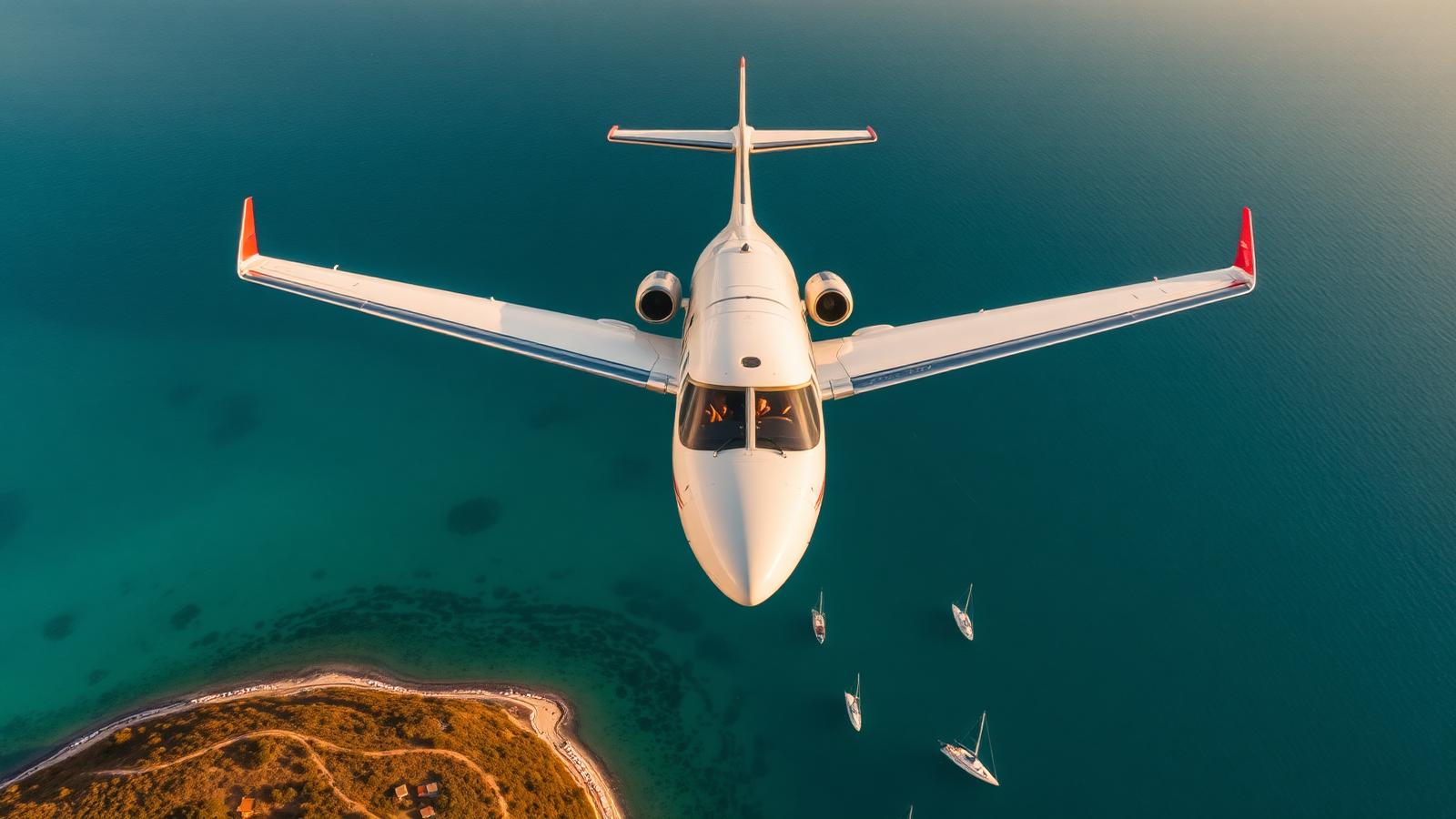 Aerial view of a midsize business jet over the Mediterranean coast near Nice.
