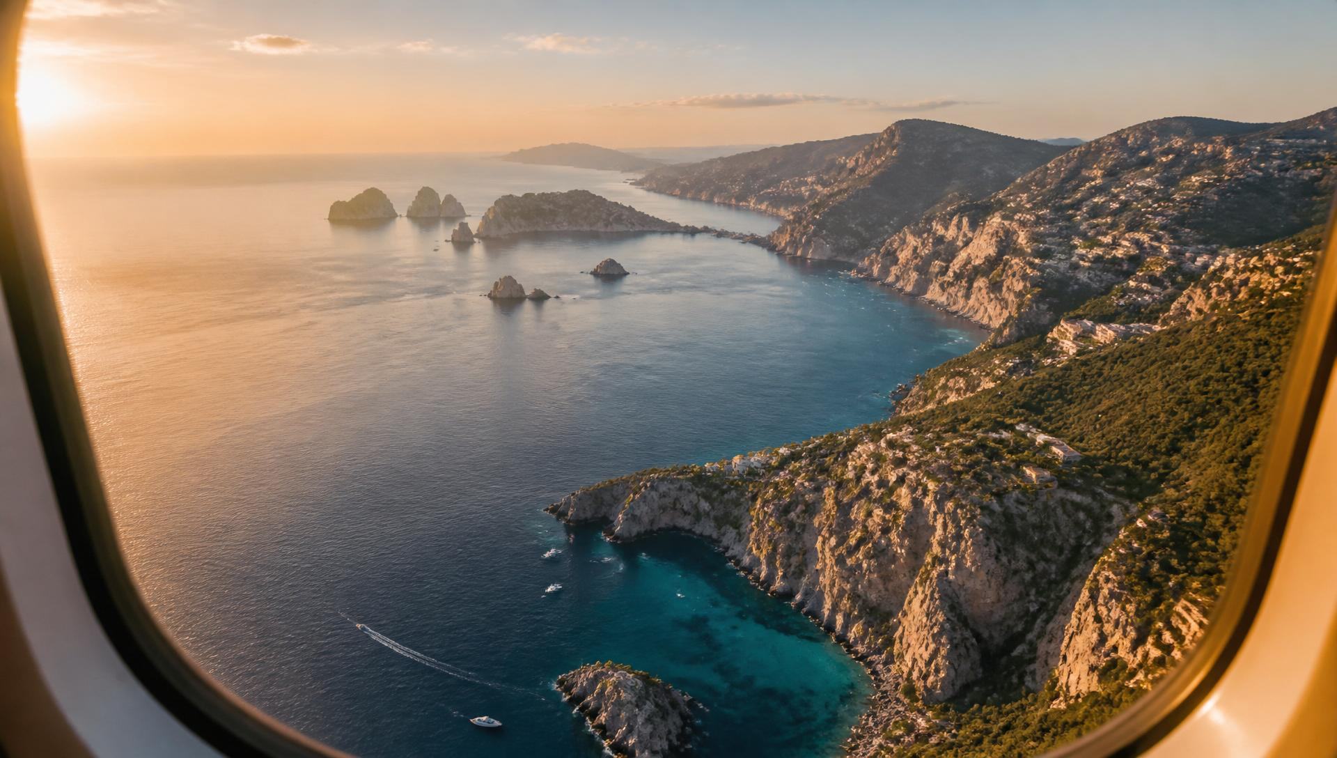 Aerial view of a Mediterranean coastline at golden hour from a private jet window