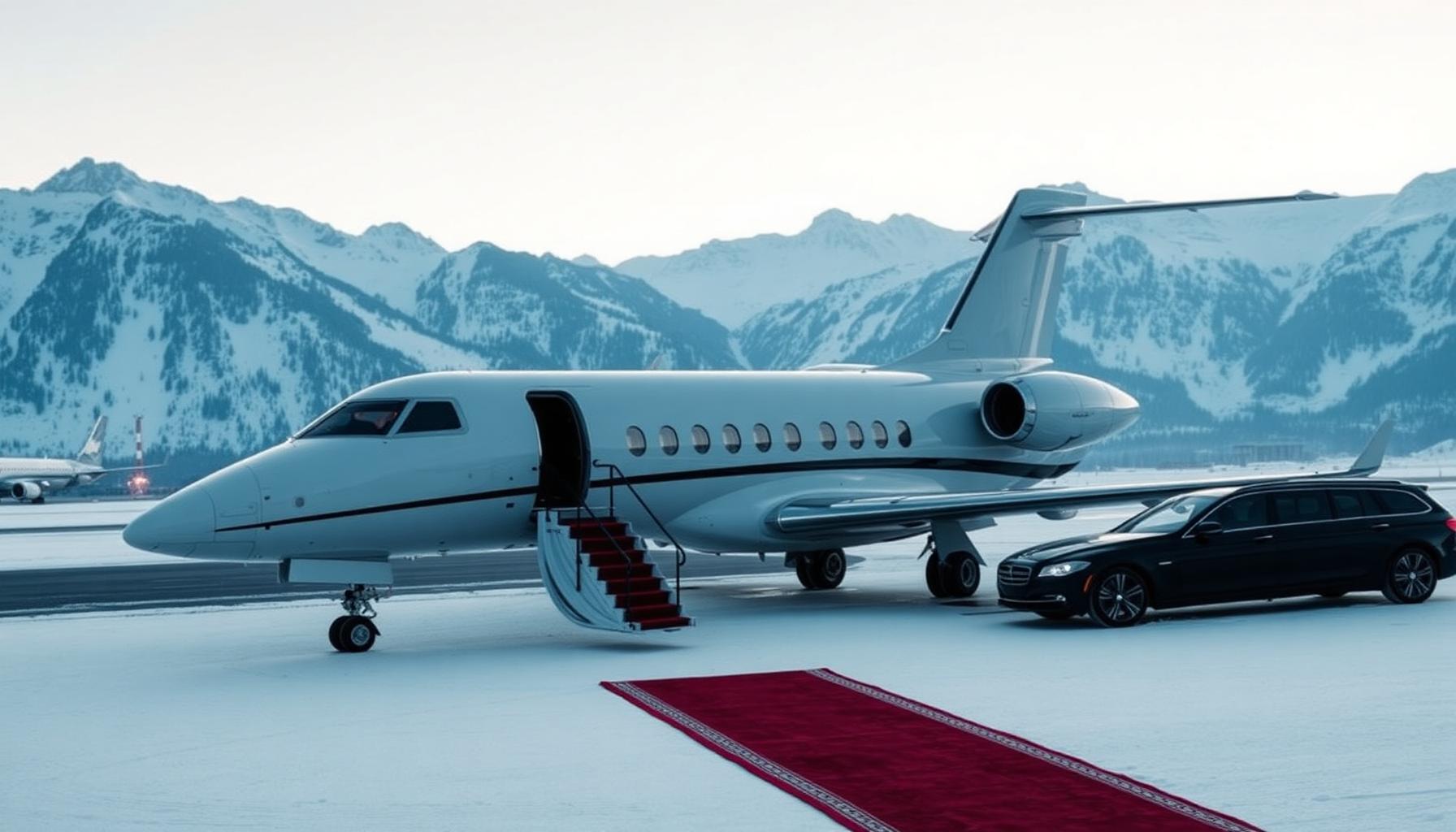 Private jet on a snowy alpine ramp with red carpet at dawn