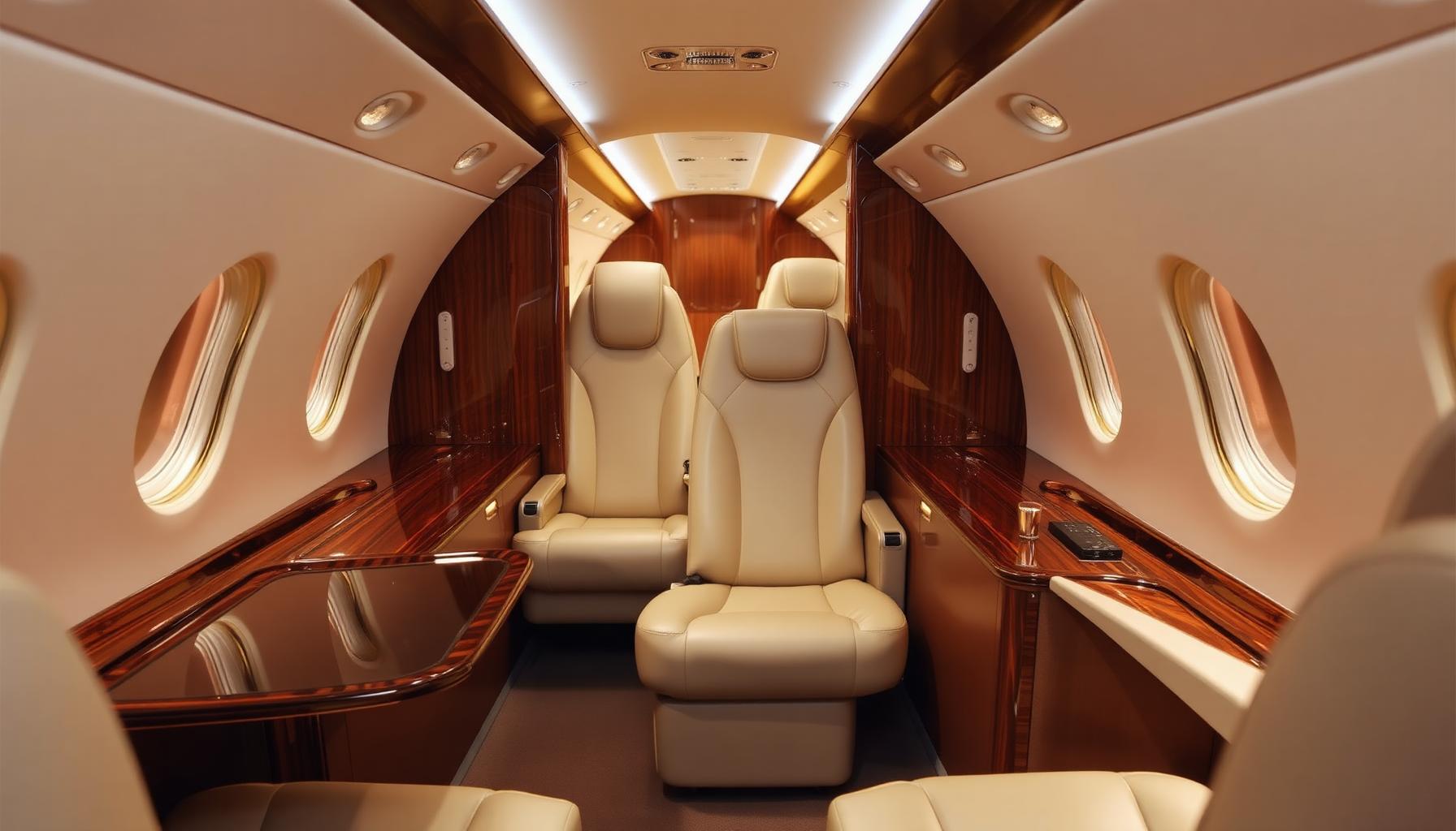 Executive private jet cabin interior with cream leather club seats