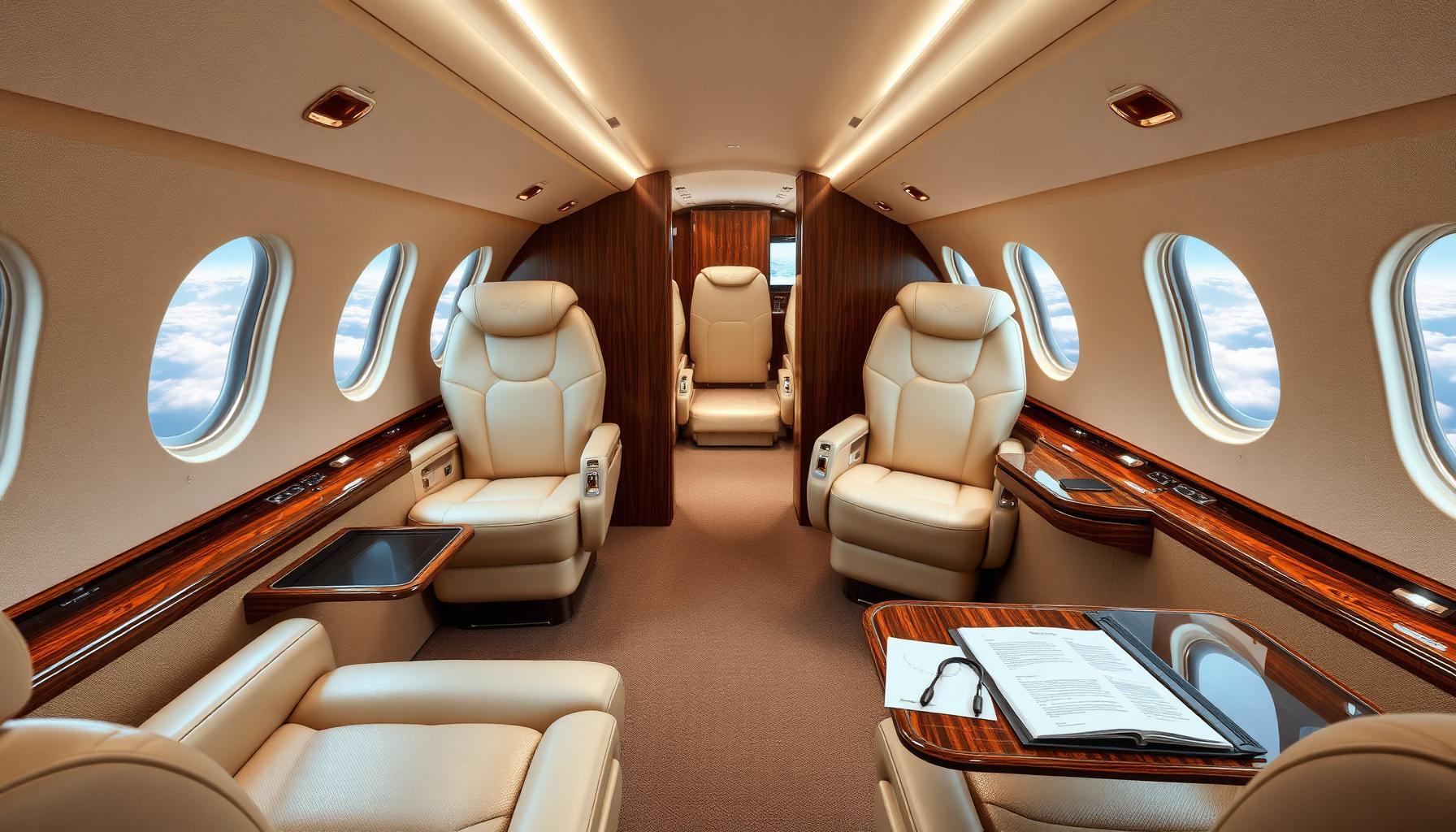 Executive private jet cabin interior configured for business productivity
