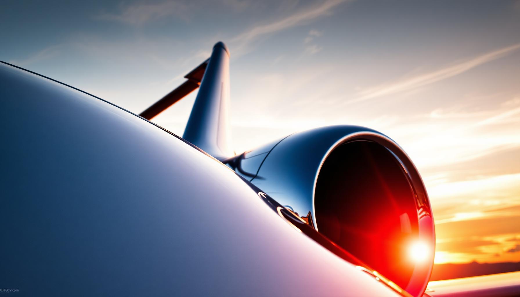 Close-up of a polished private jet engine at sunset