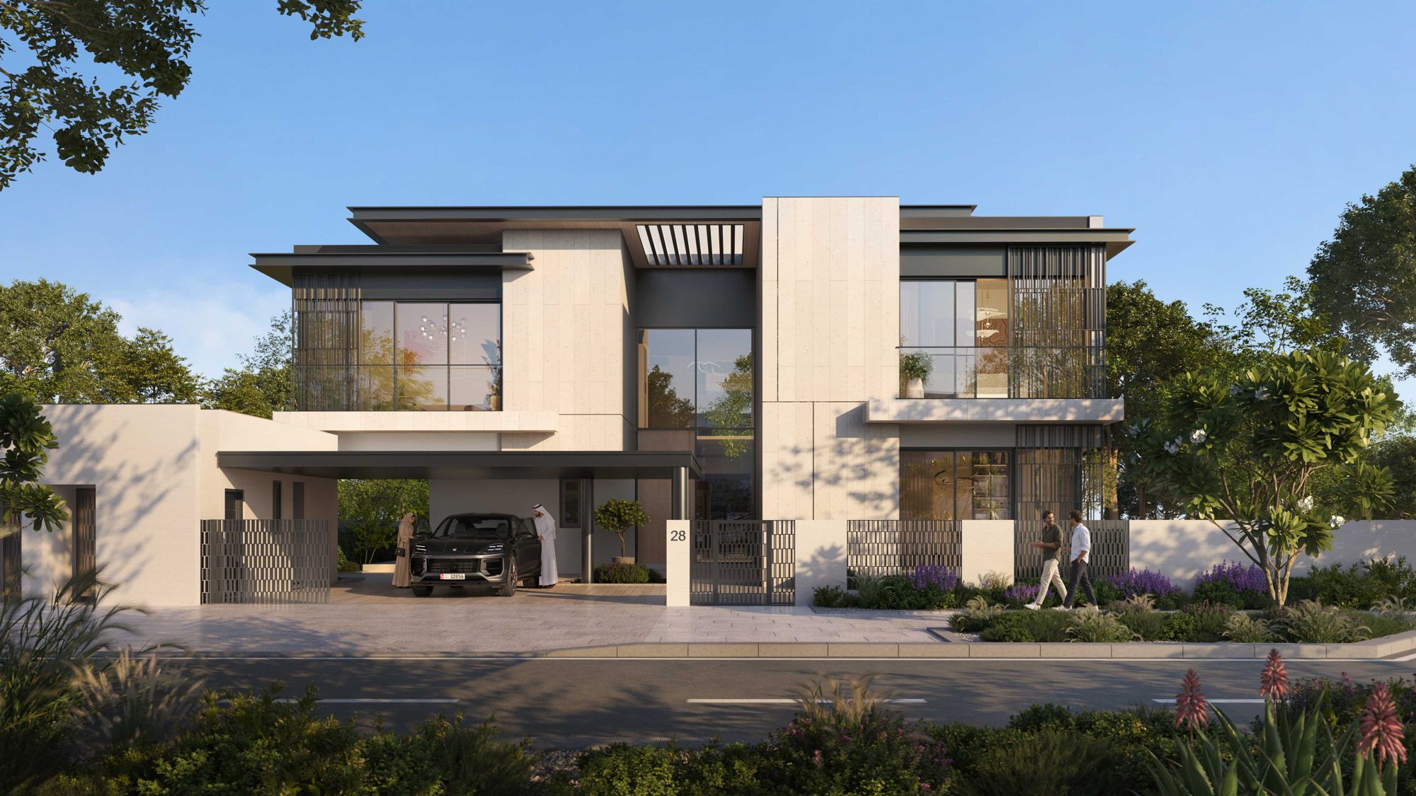 Developer rendering of a Talay Beach living and dining room, with a kitchen, timber ceiling and glass doors to a garden