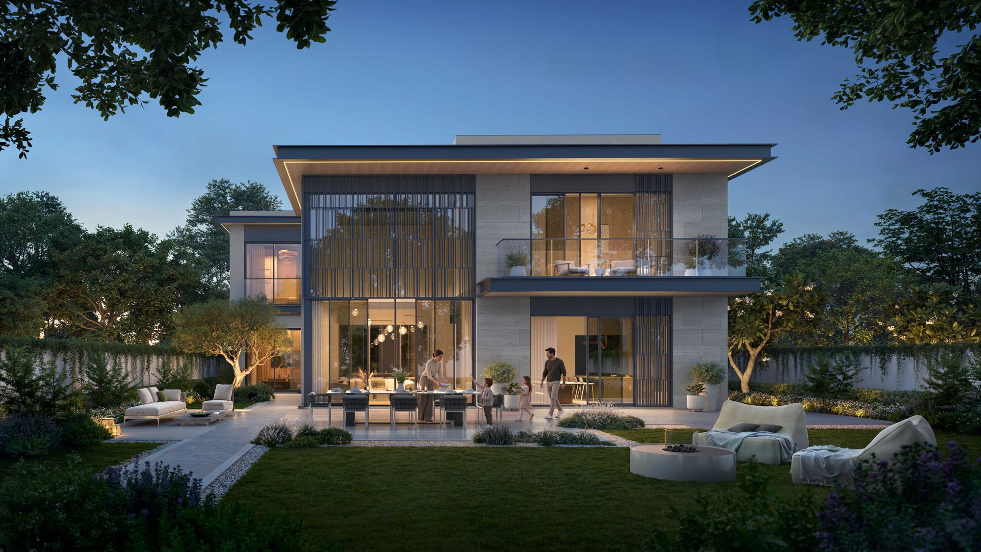 Developer rendering of landscaped parkland at Talay Beach, with paths, trees and villas beyond