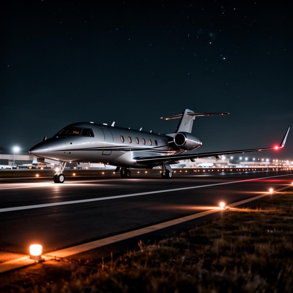 Private jet on a runway at night