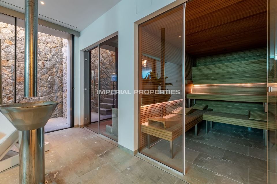 Glass-walled sauna with wood benches beside a stone courtyard