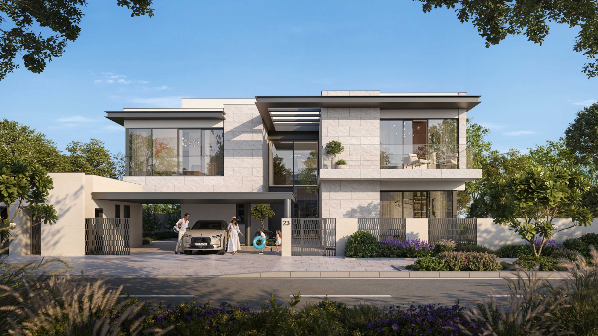 Developer rendering of Talay Beach villas along a sandy shoreline, with the sea in front and landscaped gardens behind