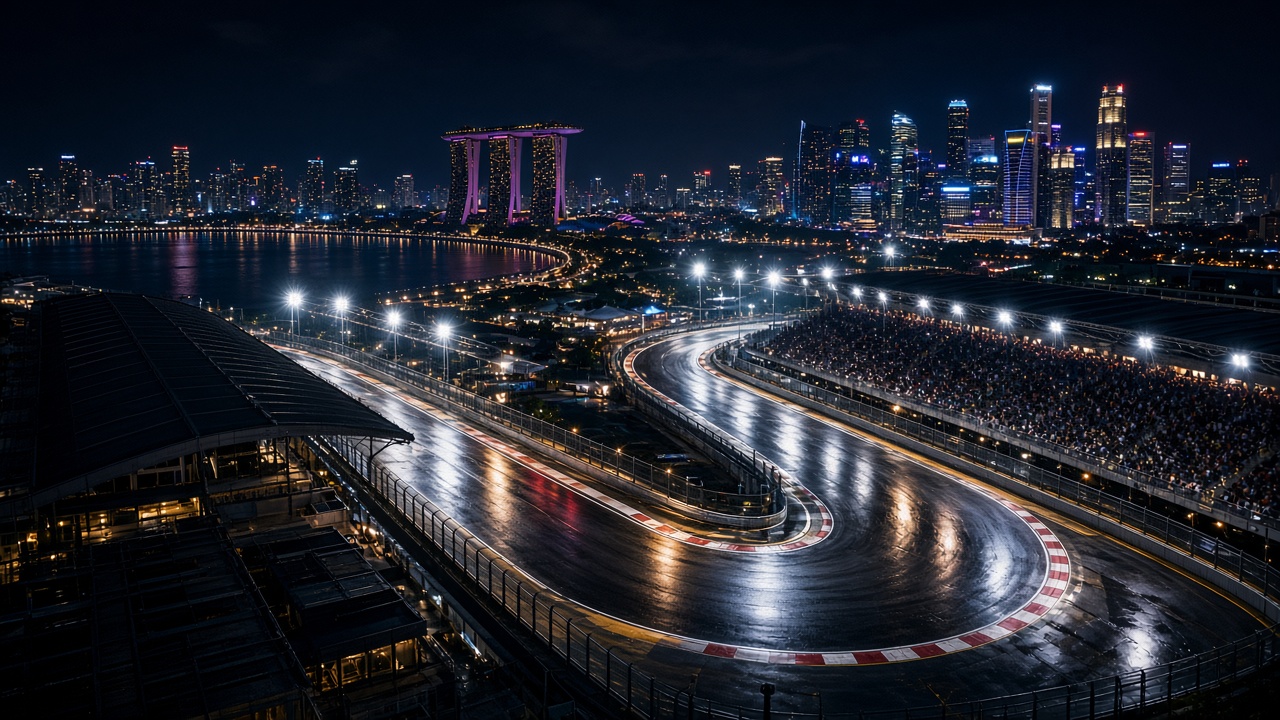 Floodlit Marina Bay Formula 1 circuit at night