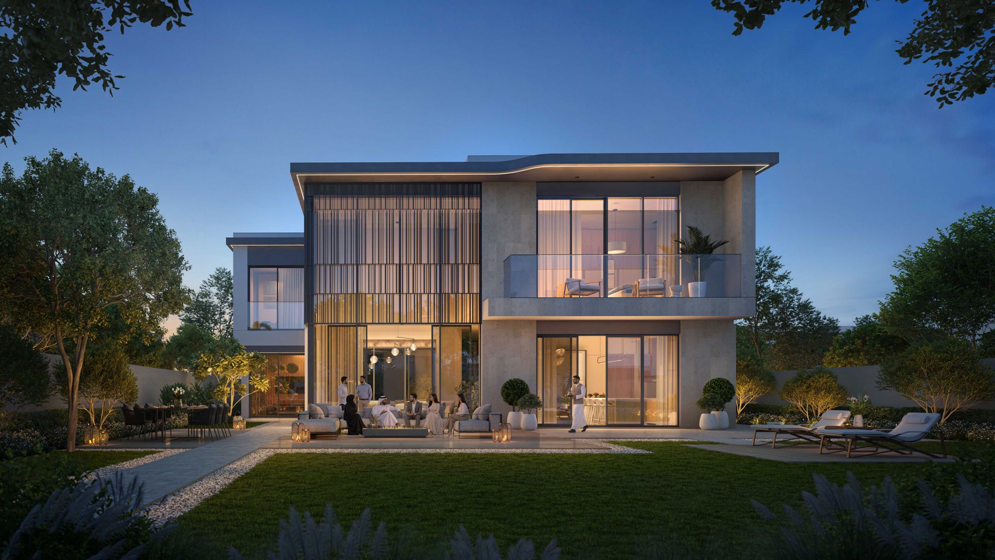 Developer rendering of a landscaped Talay Beach street at dusk, with villa gates, trees and a lit path